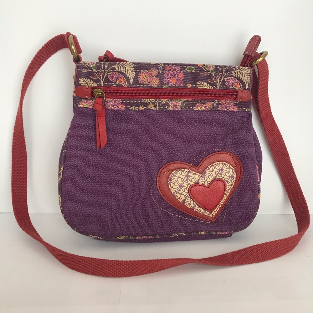 Fossil canvas purple red heart crossbody bag.